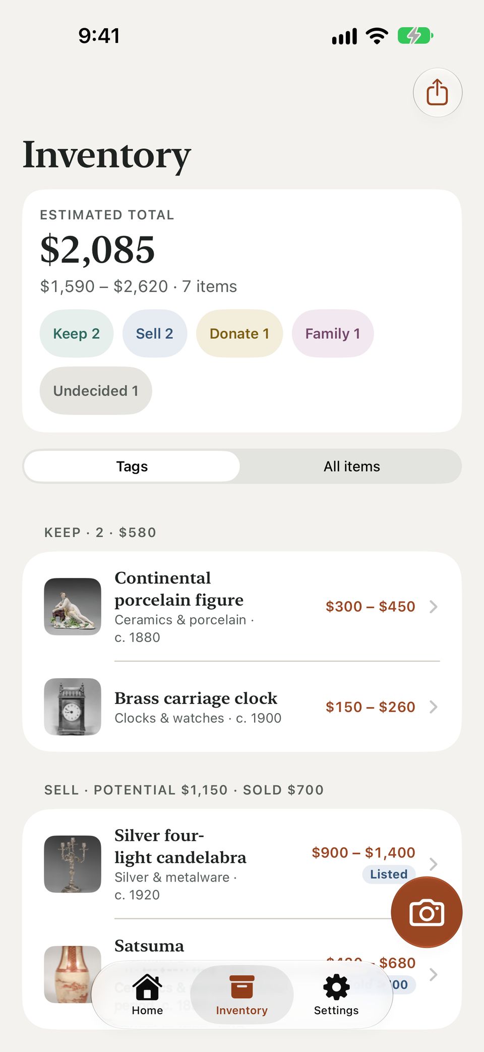 AntiqRate inventory screen: an estimated total of $2,085 ($1,590 – $2,620) for 7 items, with counts for Keep, Sell, Donate, Family and Undecided, and the items grouped by plan with their value ranges.