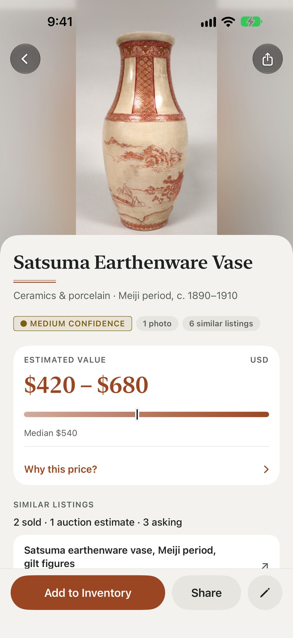 AntiqRate result screen for a Satsuma Earthenware Vase, Ceramics & porcelain, Meiji period, c. 1890–1910: medium confidence from 1 photo, an estimated value of $420 – $680 with a median of $540, marked as an AI estimate not based on market listings, and a "Why this price?" link.